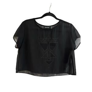 MINKPINK Sheer Black Geometric Witchy Embroidered Crop Cropped Top Shirt - Small